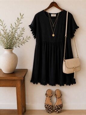 Umgee | Black Tunic Top | Fringe Hem | Size S | Babydoll | Boho